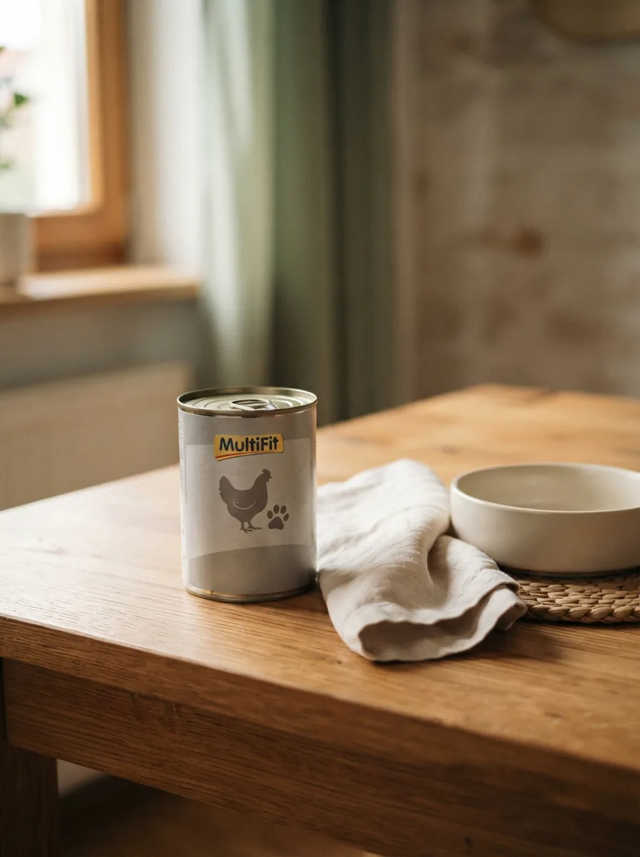 MultiFit Huhn Katzenfutterdose auf einem gedeckten Holztisch neben einer Futterschale