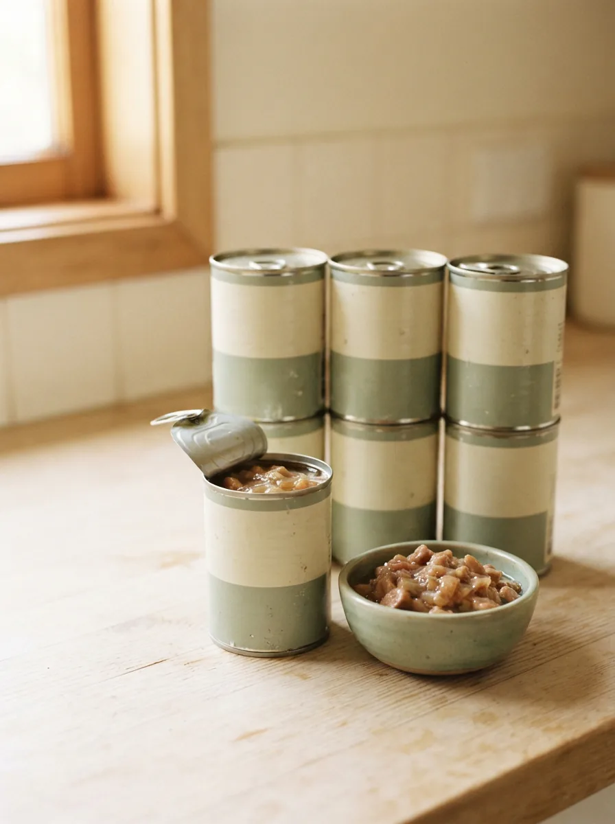 Multifit Nassfutter Katze Adult Ingelee Huhn mit sechs Dosen à 405 g und einer geöffneten Dose mit Ingelee