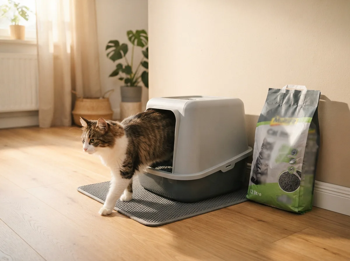 Katze verlässt eine saubere, mit grauem Carbon-Streu gefüllte Katzentoilette in einer sonnigen Wohnung, daneben die MultiFit-Carbon-Comfort-Packung