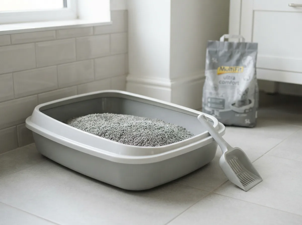 Katzentoilette mit frisch eingefüllter MultiFit ultra comfort Klumpstreu und einer Streuschaufel am Rand der Schale