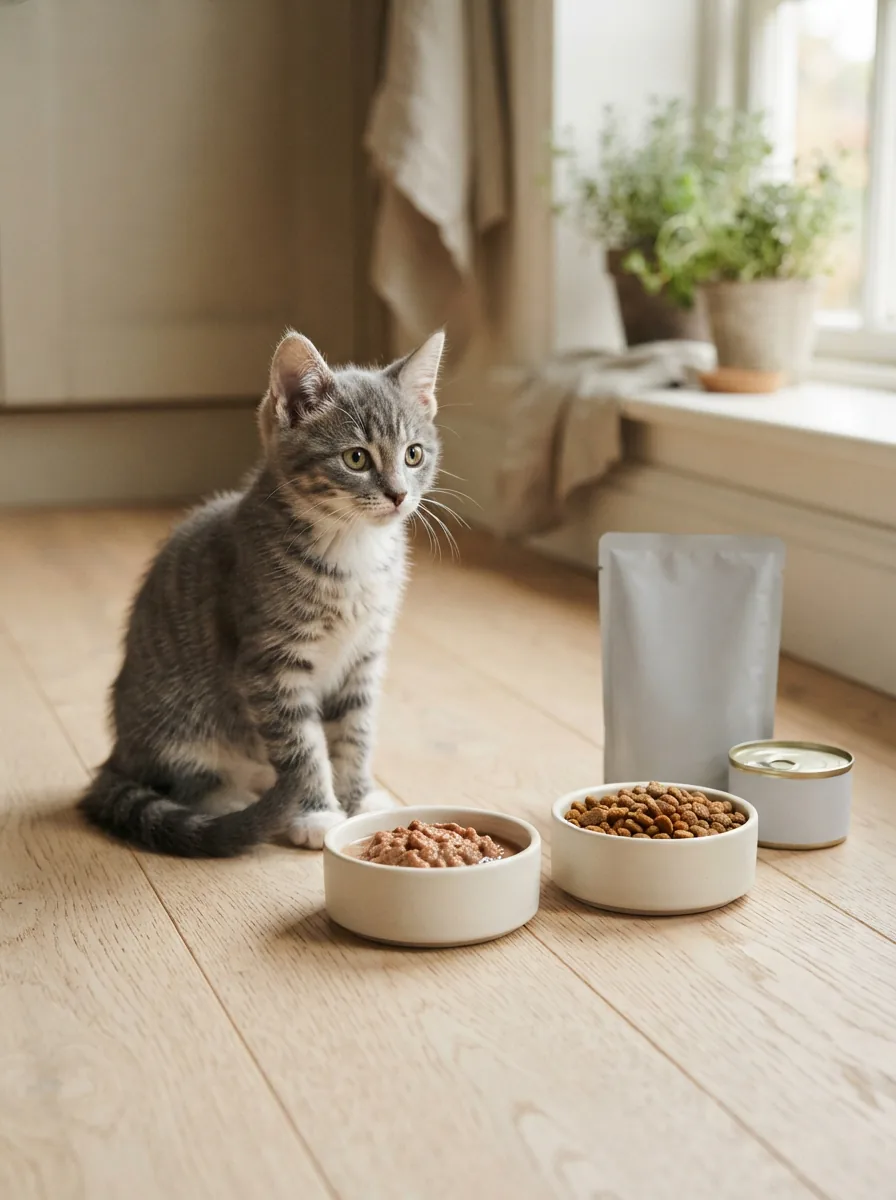 Junge Katze vor einer Auswahl an Junior-Futter in Beuteln, Dose und Trockenfutter auf hellem Holztisch