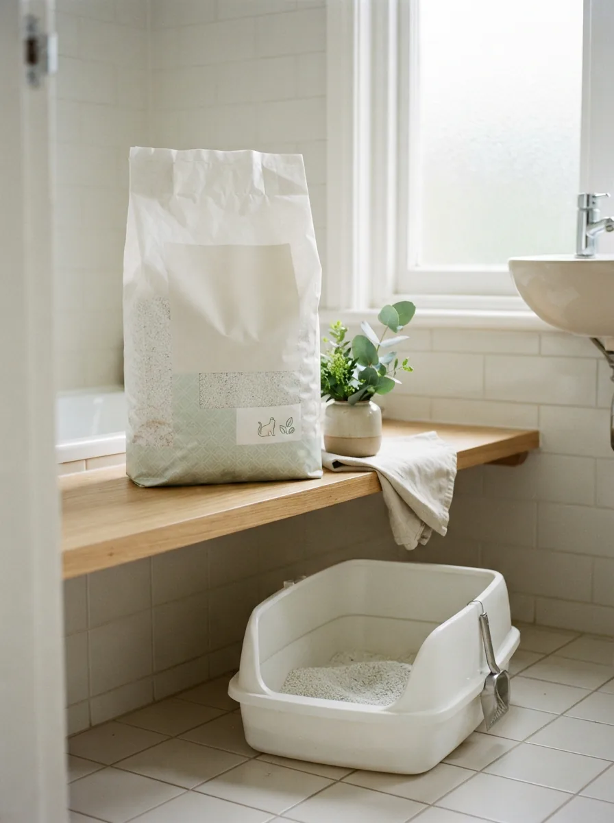 Beutel mit MultiFit Fresh Comfort 20 l duftender Katzenstreu auf einem Badezimmerregal