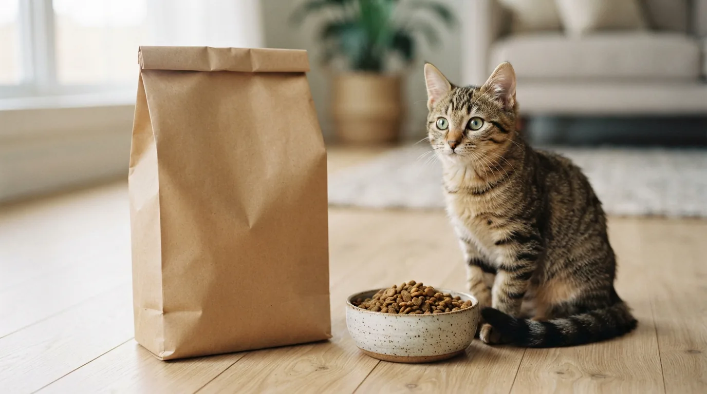 Großes neutrales Futtersack-Paket mit junger Katze, die daneben am gefüllten Napf sitzt