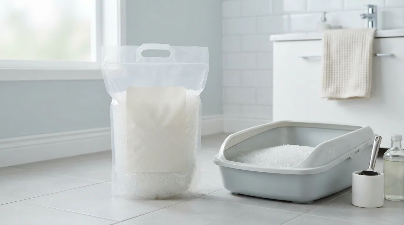 MultiFit diamonds 8 l Silikat-Streupackung in hellem Badezimmer neben der Katzentoilette