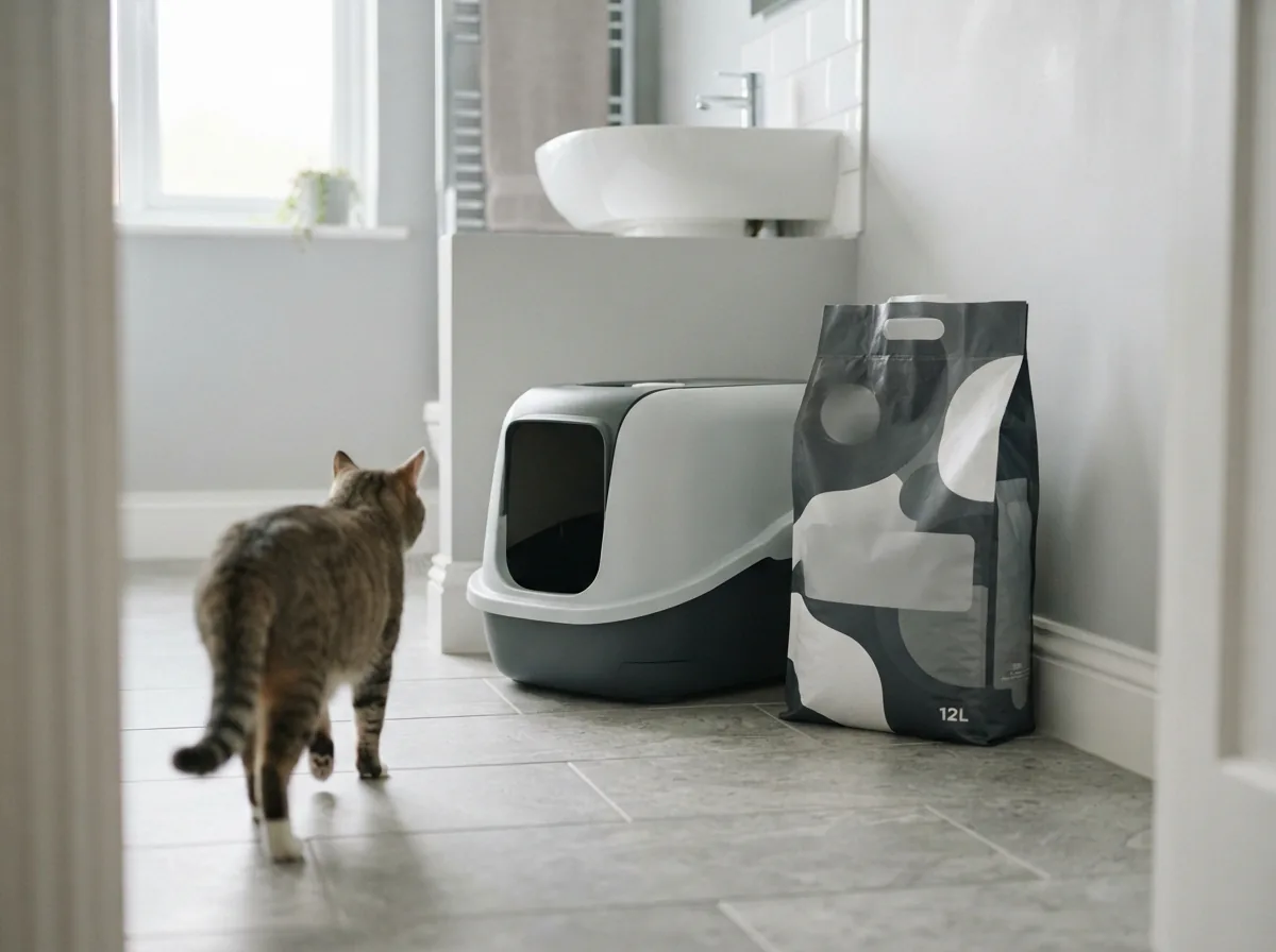 Helle Katzentoilette in einem Badezimmer neben der MultiFit-Carbon-Comfort-Streupackung, eine Katze geht ruhig davon