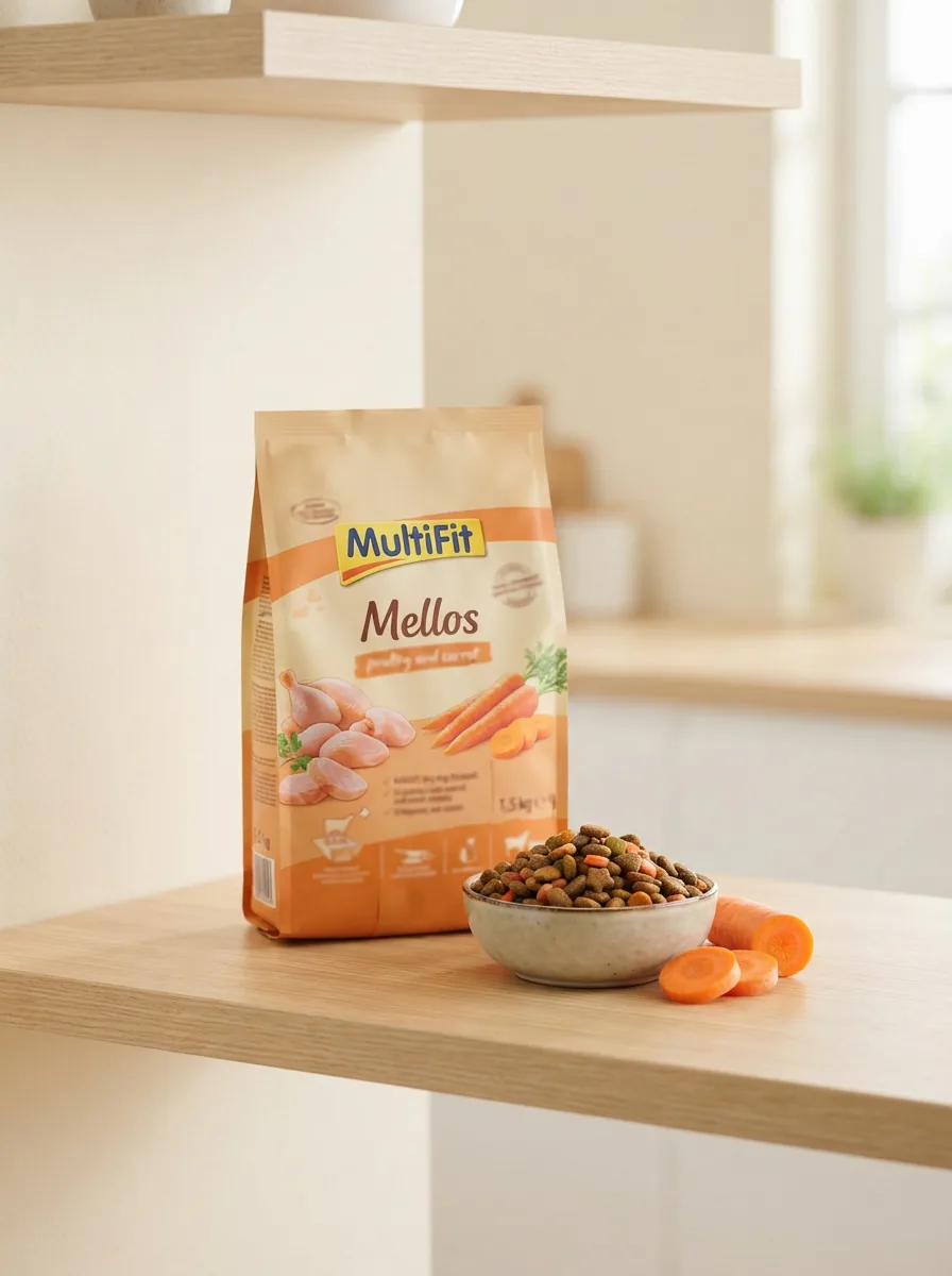 Beutel MultiFit Mellos Trockenfutter Adult mit Geflügel und Karotten 1,5 kg auf einem Küchenregal mit Karottenscheiben