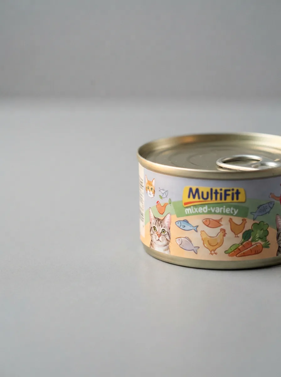 MultiFit Katzenfutterdose mit mehreren Sorten auf einer grauen Studiofläche