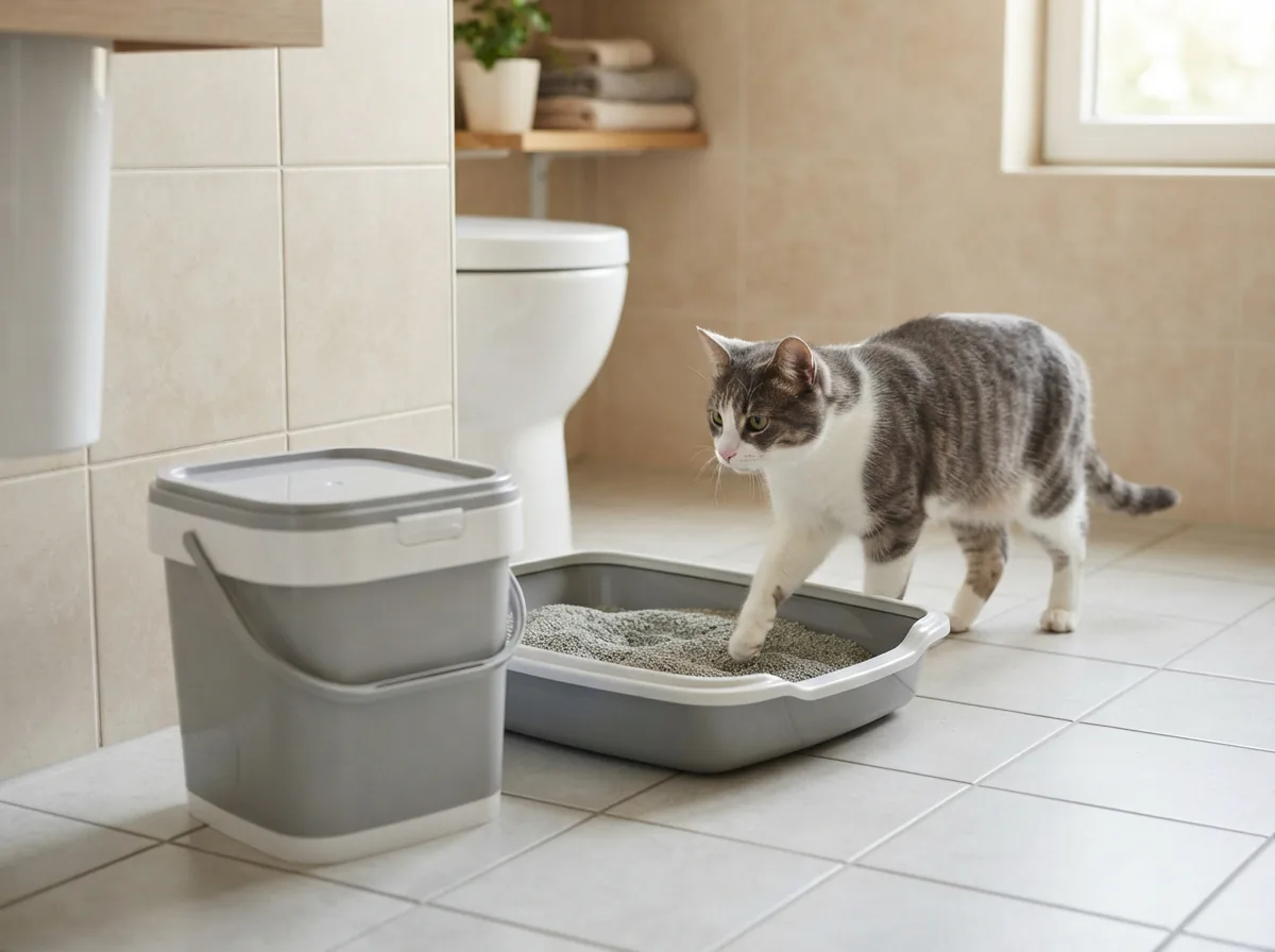 Ein Eimer MultiFit ultra comfort Klumpstreu neben einer gefüllten Katzentoilette, eine Katze nähert sich der Schale