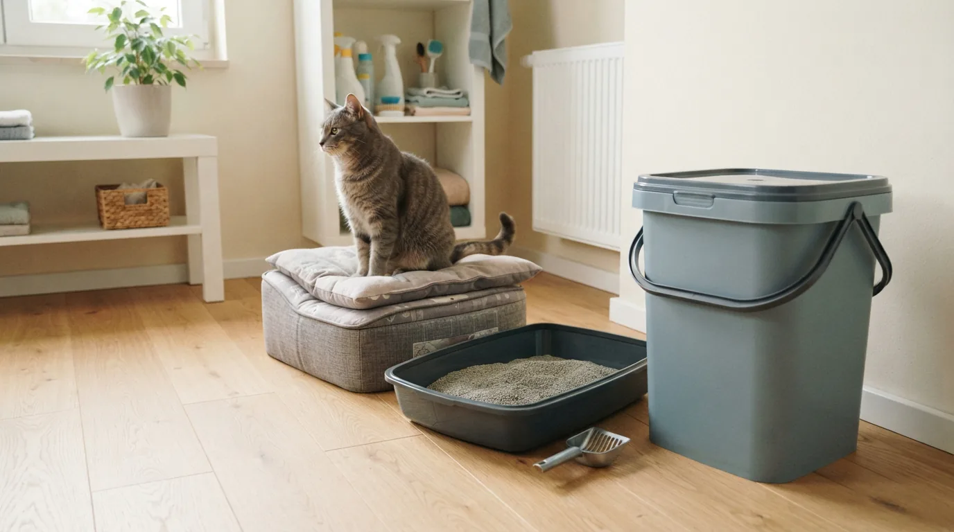 MultiFit ultra comfort Eimer neben einer Katzentoilette in einer hellen Haushaltsecke, daneben ein ruhender Katzensitz