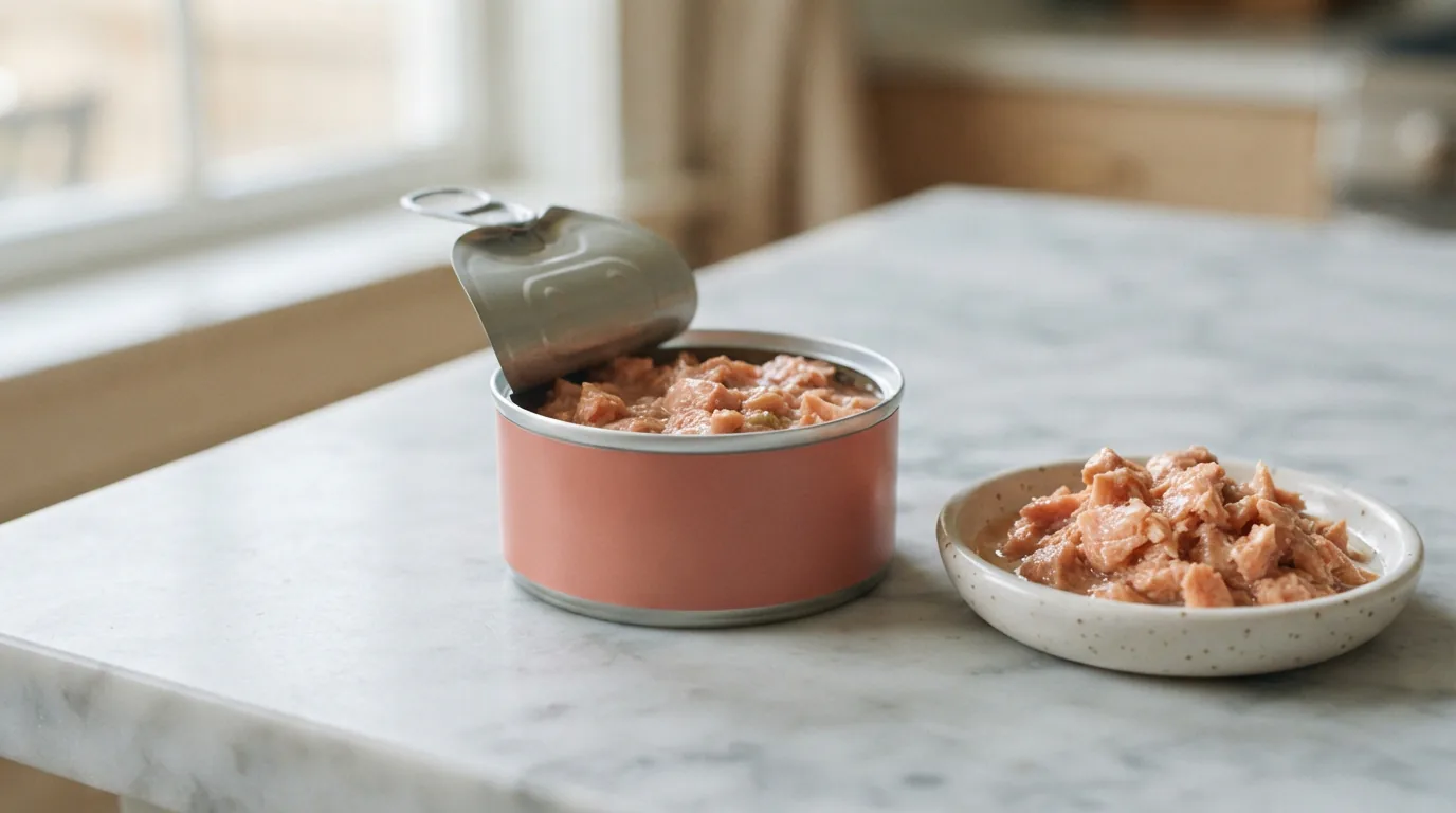 MultiFit Adult Nassfutter mit Lachs auf einer hellen Marmorfläche neben einer Katzenschale
