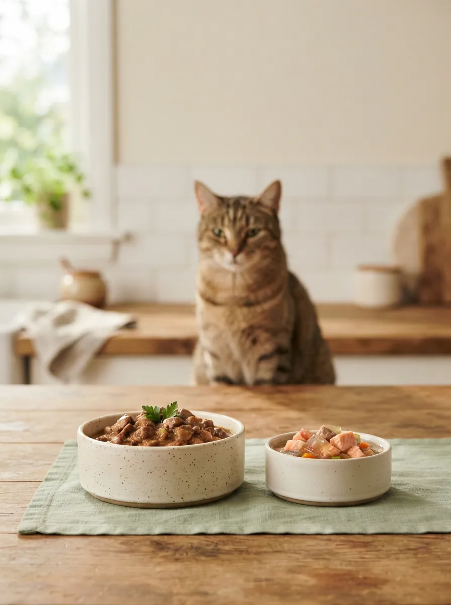 Schale mit Katzenfutter in Sauce und zweite Schale mit Geleestücken, dahinter eine ruhig sitzende Katze