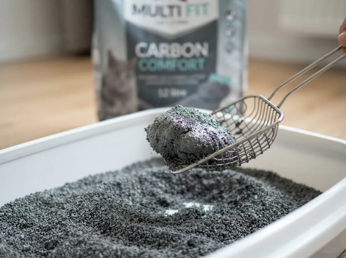Nahaufnahme von grauem Aktivkohle-Streugranulat in einer sauberen Katzentoilette mit Schaufel, dahinter die MultiFit-Carbon-Comfort-Packung