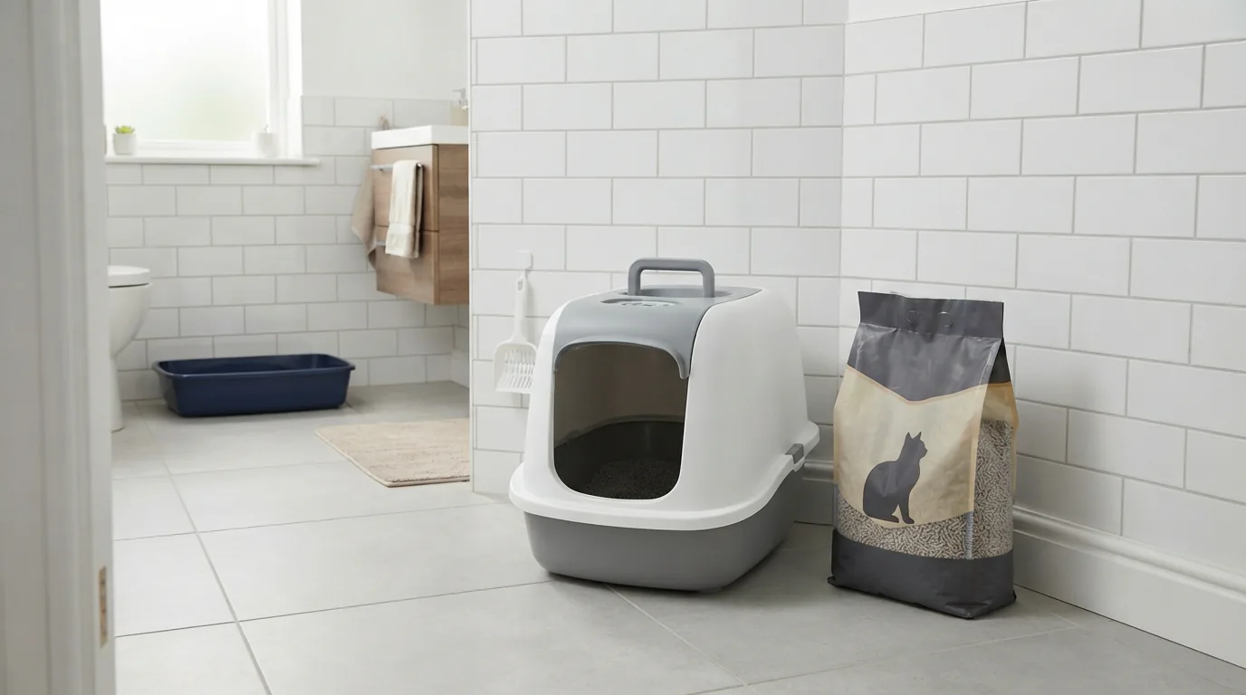 Modernes Badezimmer mit gefüllter Katzentoilette und der MultiFit-Carbon-Comfort-Streupackung daneben, im Hintergrund eine zweite Katzentoilette