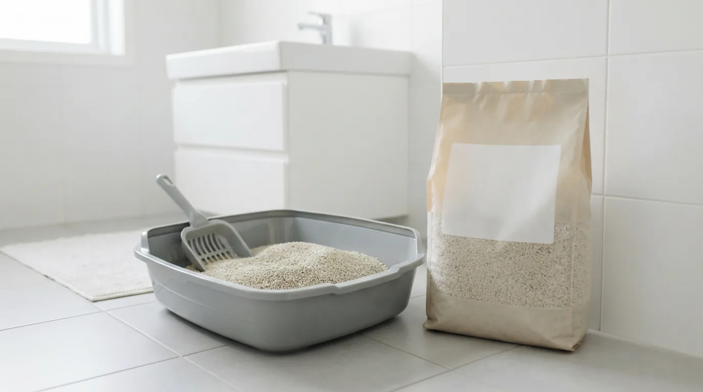 MultiFit Klumpstreu Ultra 6 l Ergiebigkeits-Beutel neben einer Katzentoilette mit Schaufel