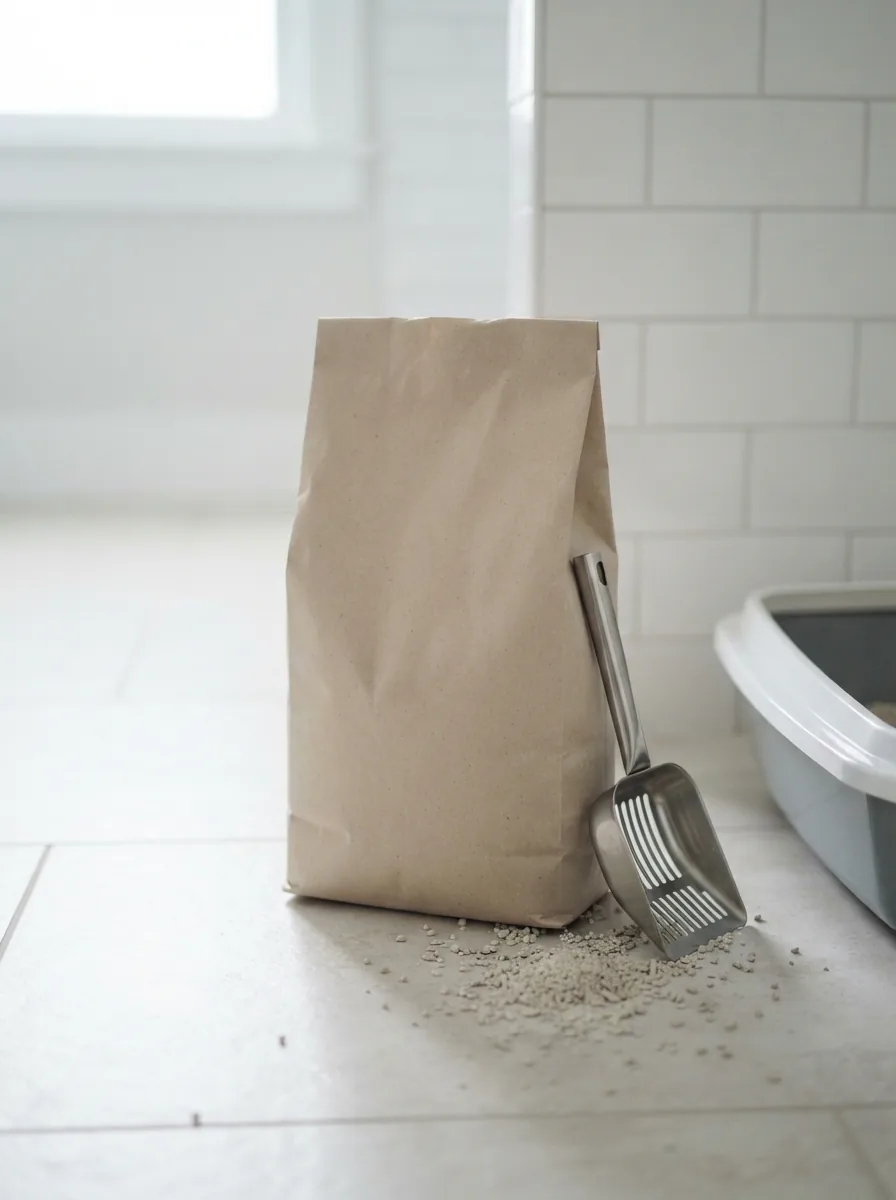 Packung Multifit Katzenstreu Klumpend 10 l auf dem Badezimmerboden neben Schaufel