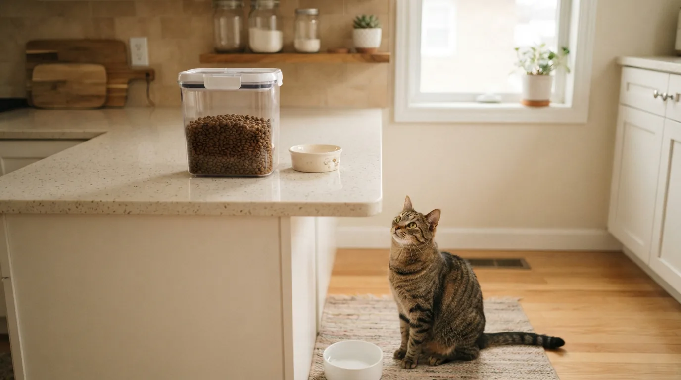 Küchenecke mit verschlossenem Vorratsbehälter und leerem Katzennapf, daneben eine wartende Katze auf dem Boden
