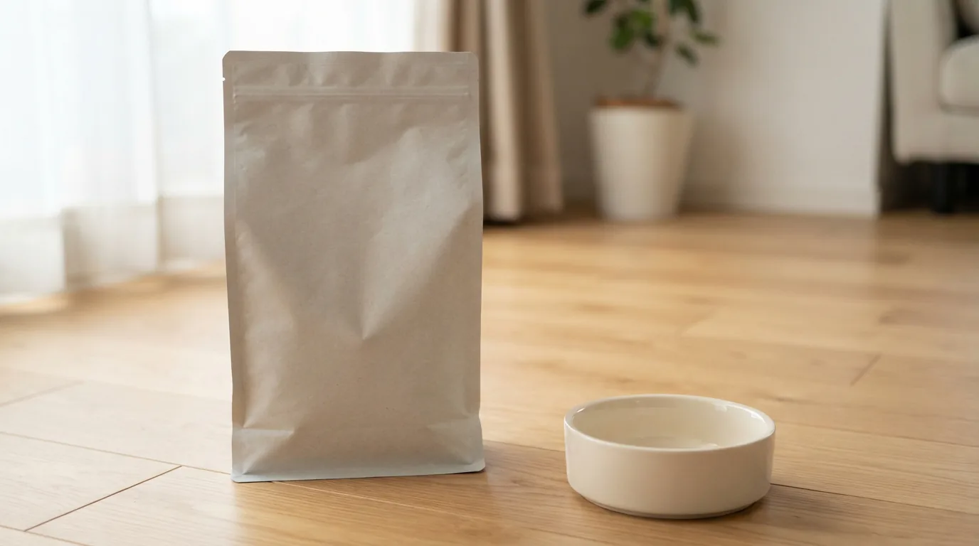 Ungeöffnete Vier-Kilogramm-Packung Katzen-Trockenfutter auf einem Tisch neben einer Futterschale