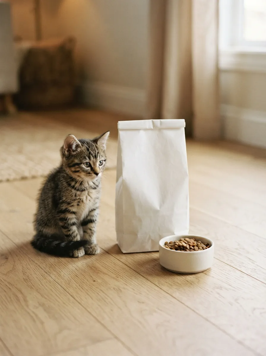 Weiße Tüte mit Trockenfutter für Kitten neben Keramikschale und einem jungen Kätzchen auf hellem Holzboden
