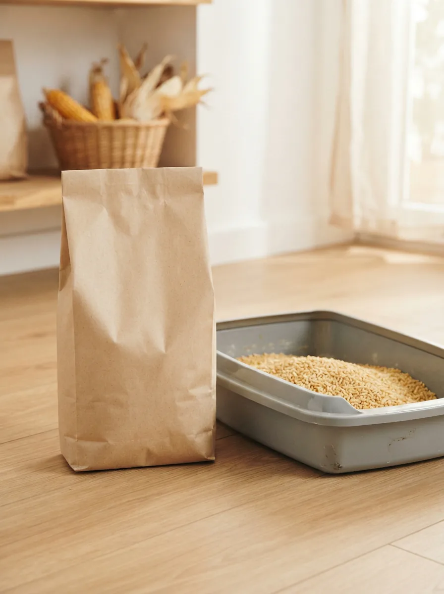 Packung MultiFit Klumpstreu Corn Comfort 7 l mit hellgelben Maiskörnern im Topf