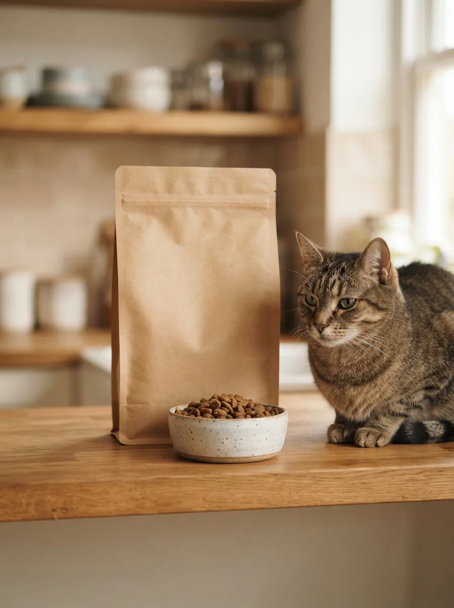 Neutrales Futtersack-Paket auf einem Holzbrett, daneben eine sitzende Katze und ein Napf mit Trockenfutter
