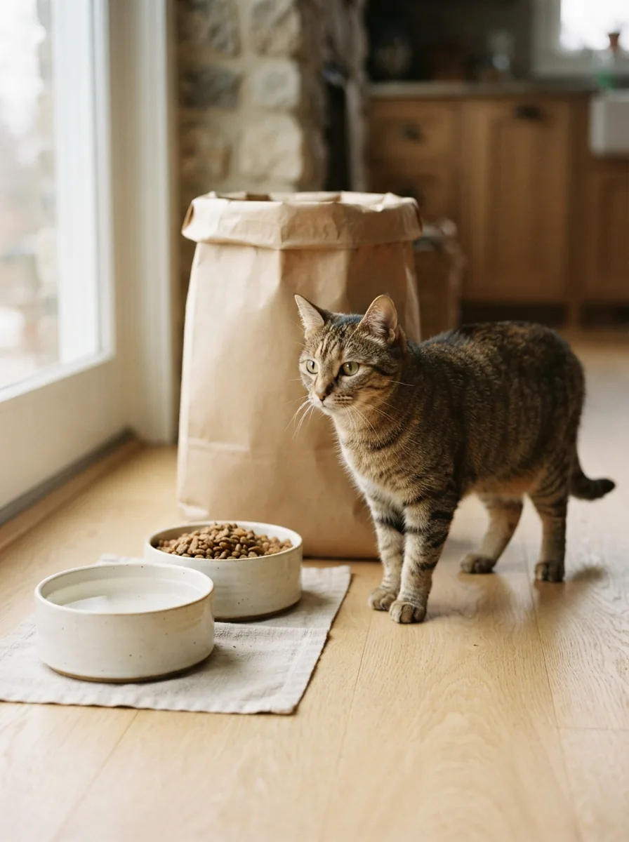 Katze steht neben zwei Napfen mit Trockenfutter auf hellem Küchenboden, dahinter ein offener Futtersack