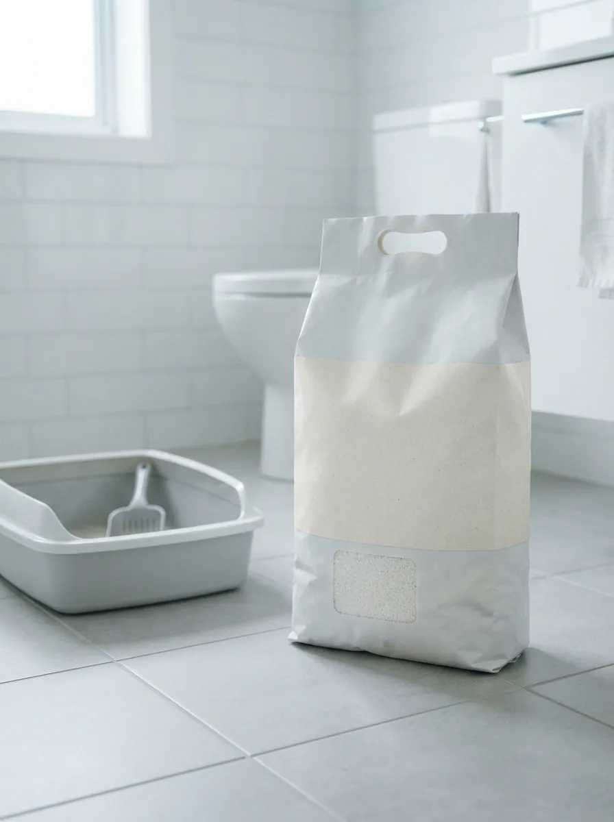 Weiße Packung MultiFit Hygiene White 20 l neben einer Katzentoilette im hellen Bad