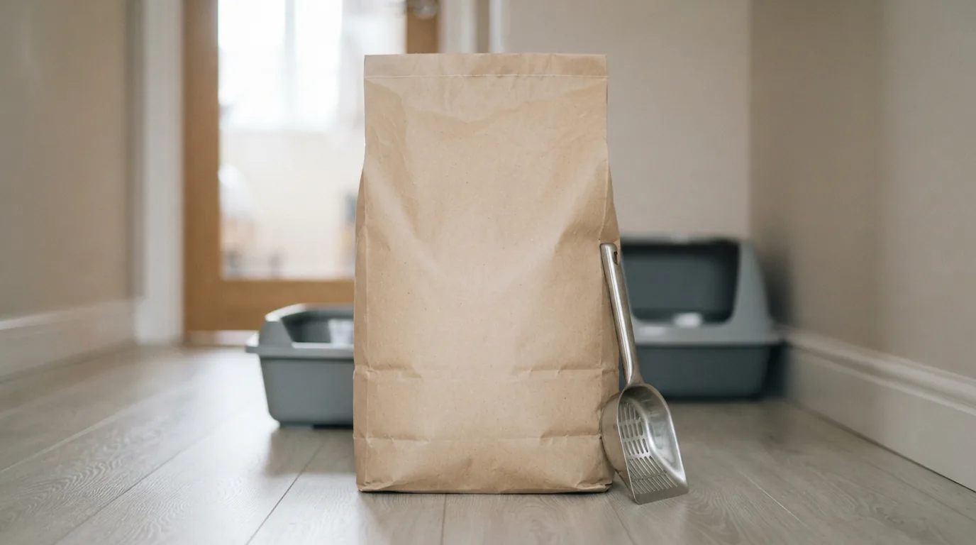 Große 15-l-Packung MultiFit ultra comfort neben zwei Katzentoiletten im Flur