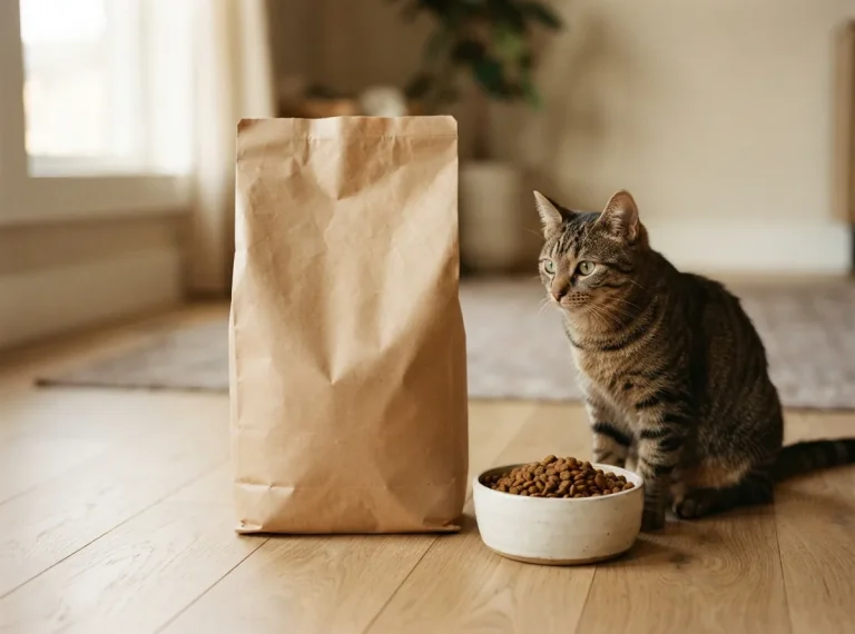 Neutrales Futtersack-Paket als Mittelpunkt neben einem jungen Kater und gefülltem Katzennapf