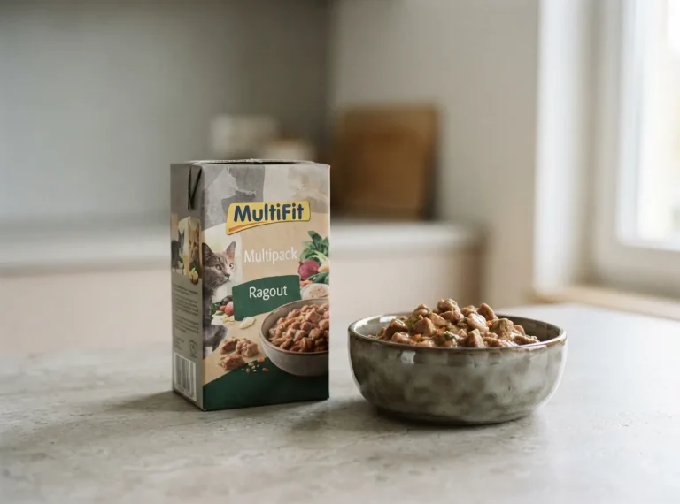 MultiFit Multipack Ragout Katzenfutterkarton neben einer gefüllten Schale auf einer Küchenplatte