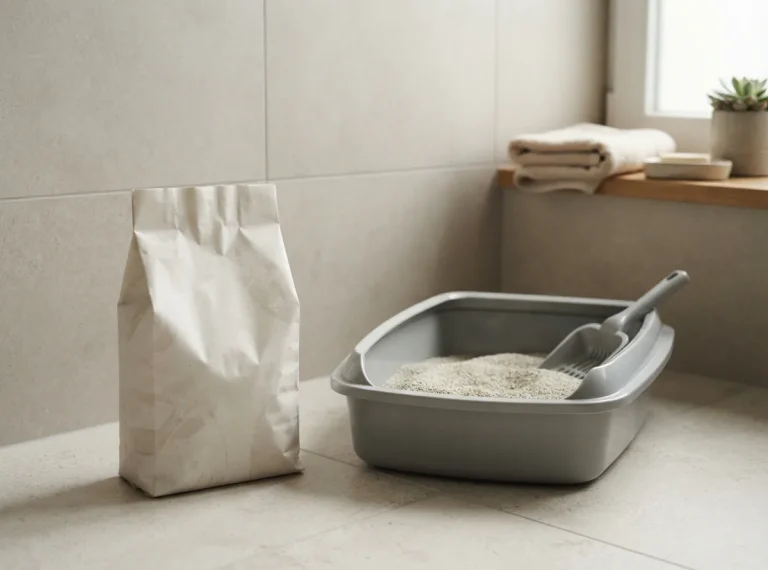 Packung MultiFit Katzenstreu Ultra 6 l Duftedition neben einer Katzentoilette im Bad