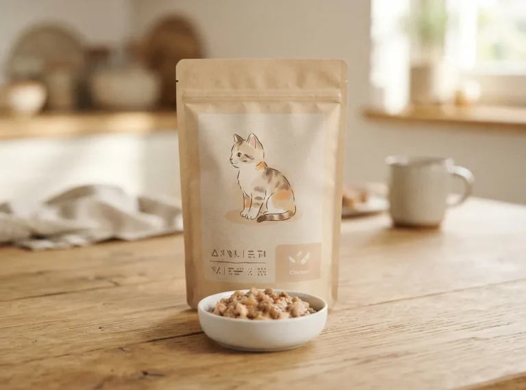 Eine Packung Junior-Katzenfutter mit Huhn neben einer kleinen Futterschale auf hellem Untergrund