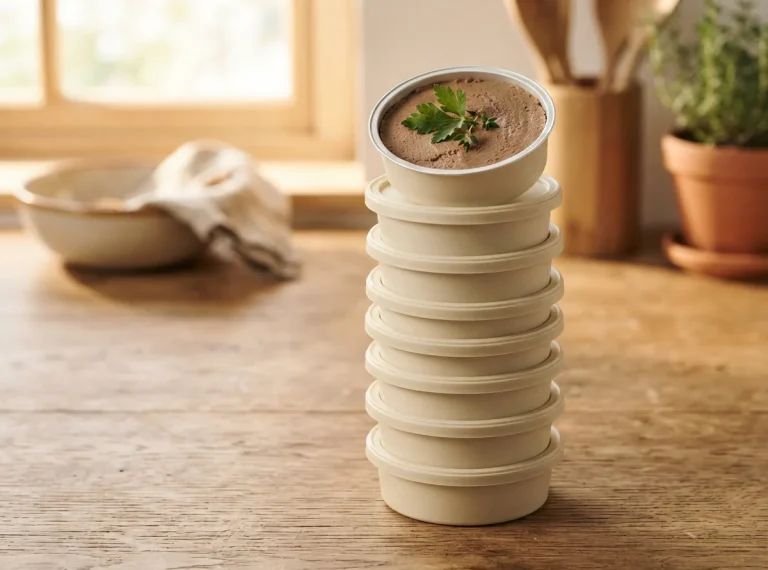 Neun Becher MultiFit Nassfutter Pastete mit Lamm und Wild, ein geöffneter Becher mit Pastete auf einem Holztisch